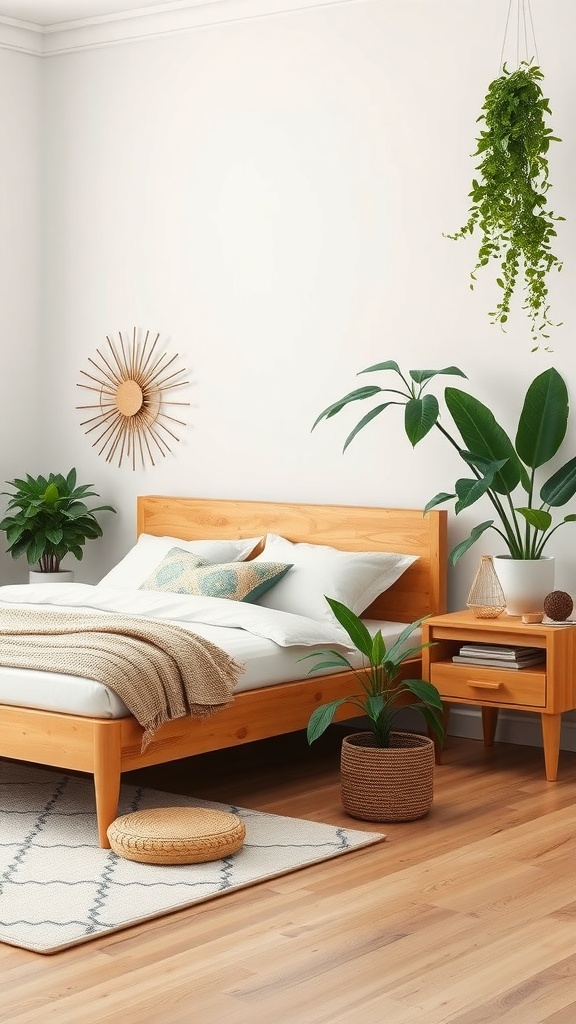 A cozy boho bedroom featuring natural wood elements, plants, and a warm color palette.