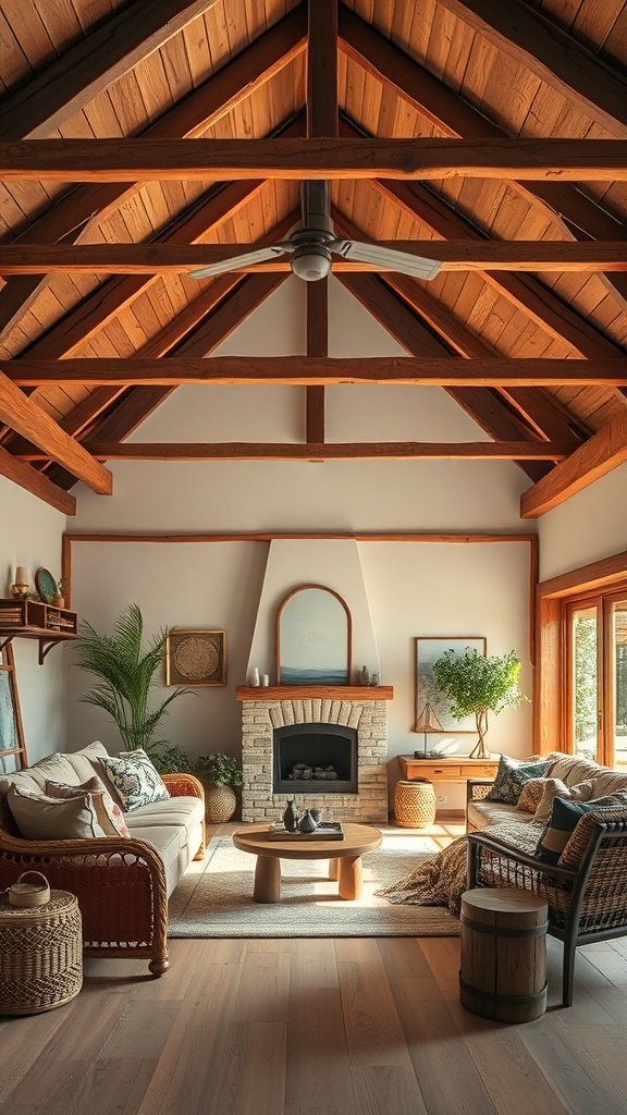 A cozy boho living room featuring natural wood elements, including exposed beams and wooden furniture.