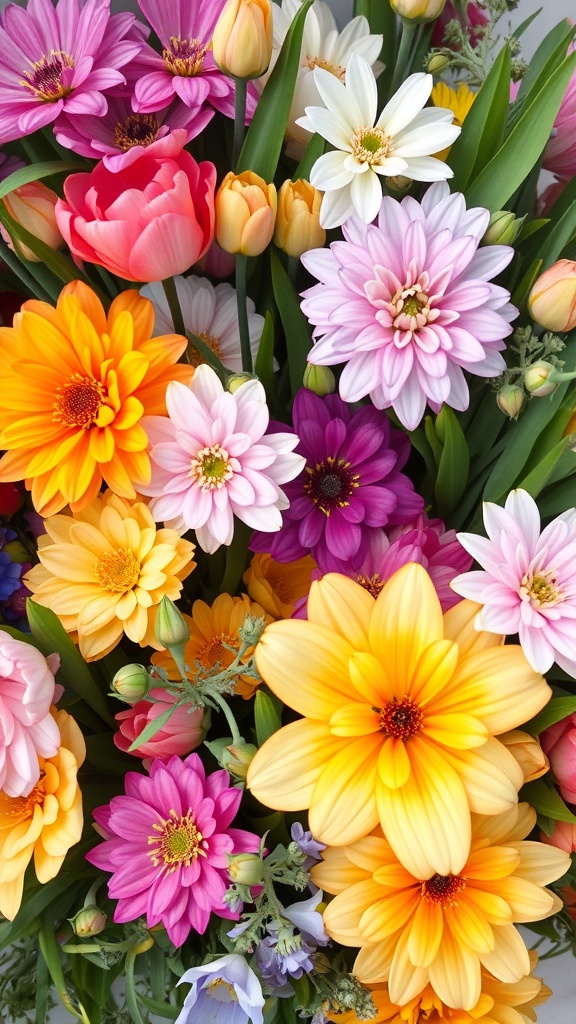 A vibrant bouquet of colorful flowers including daisies, tulips, and more in various shades of pink, yellow, and purple.