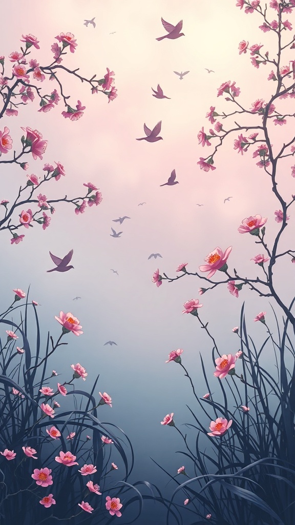 A serene spring scene featuring pink flowers and birds against a pastel sky.