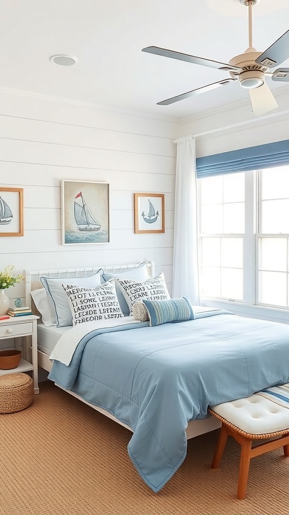 A coastal bedroom featuring light blue bedding, white walls, and nautical-themed artwork.