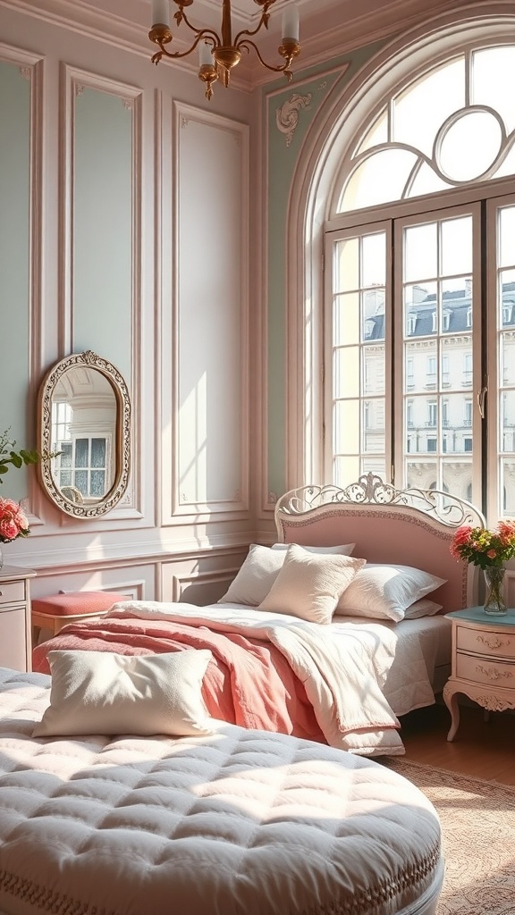 A beautifully designed bedroom with soft pink and mint green colors, featuring a large window, ornate mirror, and plush bedding.