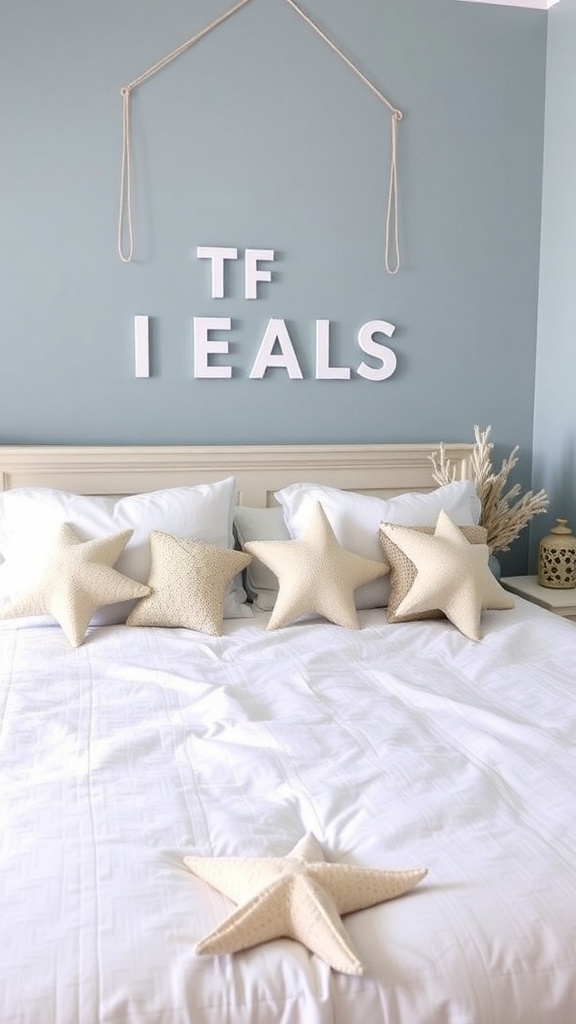 Coastal bedroom with star-shaped pillows and ocean-themed decor