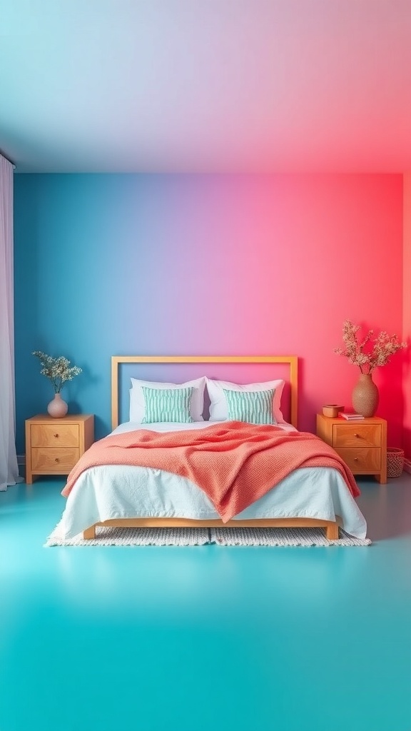 A coastal bedroom with ocean-inspired color gradients, featuring a blue to coral wall transition, a cozy bed with soft textures, and light wooden furniture.