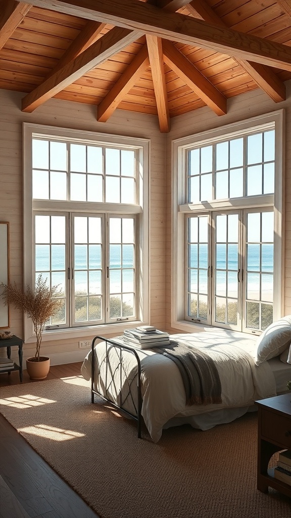 A coastal bedroom featuring large ocean view windows, a bed with a cozy blanket, and natural light flooding the room.