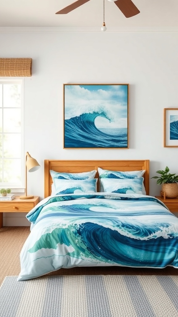 Coastal bedroom featuring ocean wave motif bedding and artwork