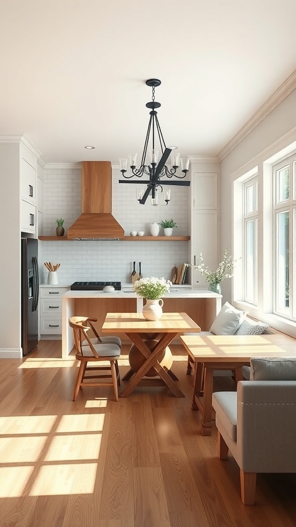 A bright and airy open concept breakfast area featuring a wooden table, chairs, and a cozy seating nook with large windows.