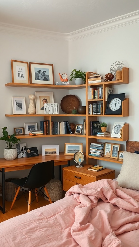 A cozy bedroom with open shelving displaying books, framed photos, and decorative items.