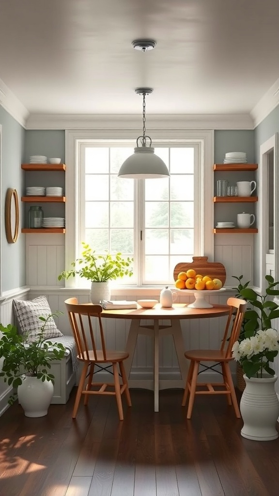 A cozy breakfast nook with open shelving, a round table, and plants.