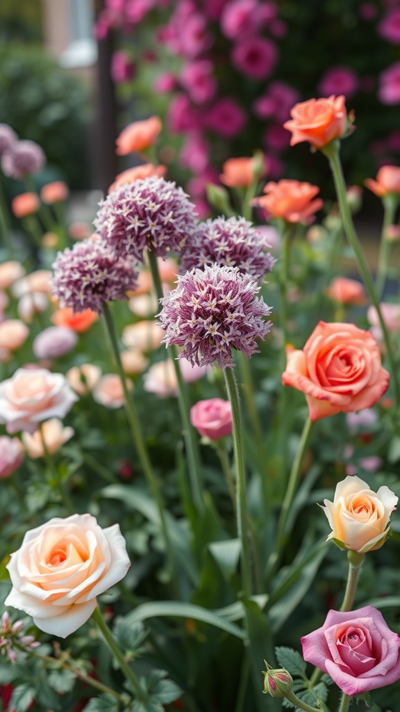 A garden scene featuring vibrant roses in shades of pink and peach alongside tall purple alliums.