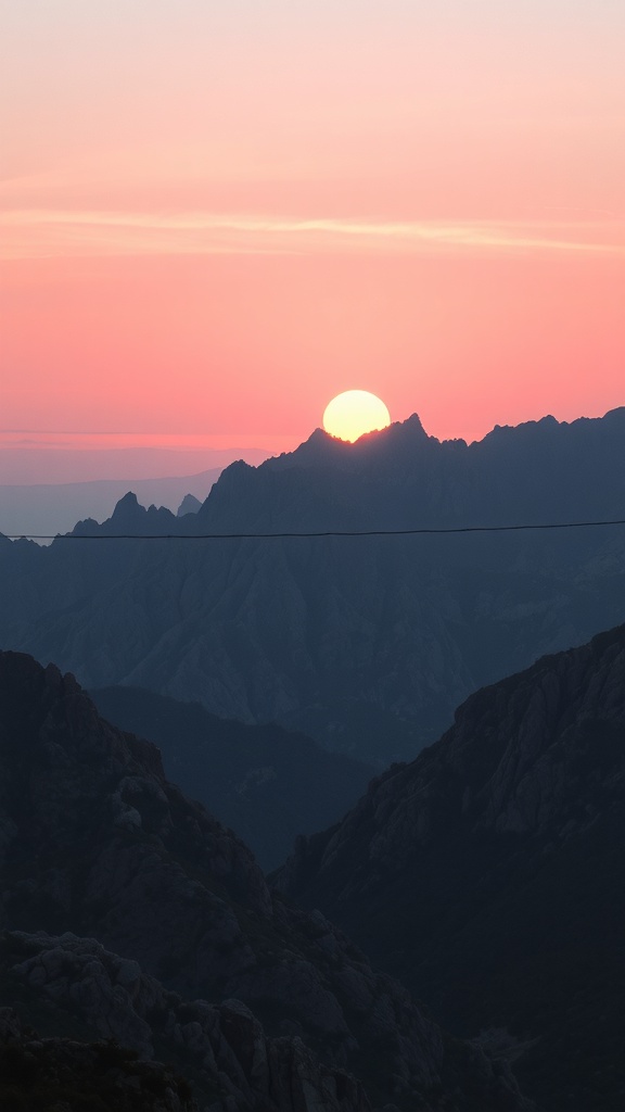 A pastel sunset over mountains with a pink and orange sky