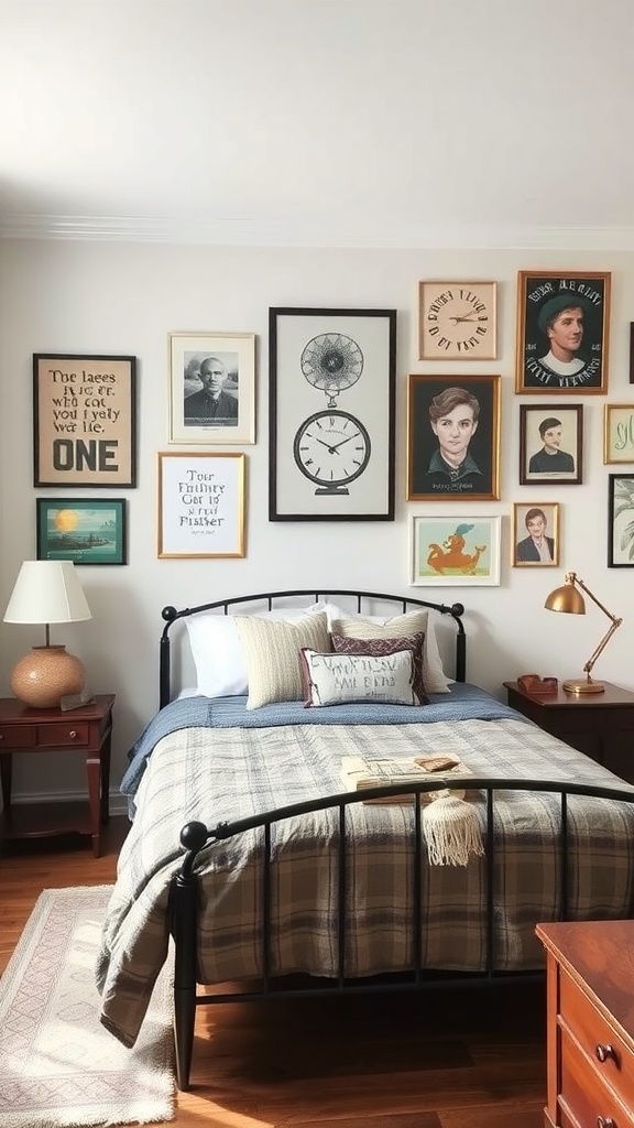 A cozy bedroom with a gallery wall of framed artwork, featuring a mix of portraits, quotes, and vintage designs.