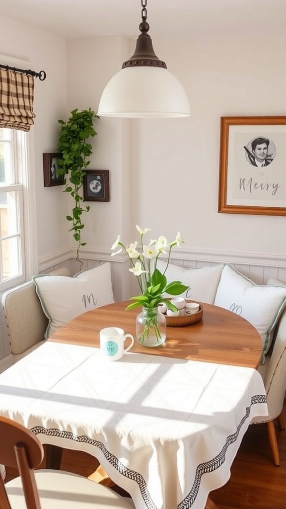 A cozy breakfast nook with a round wooden table, comfortable seating, and decorative elements.