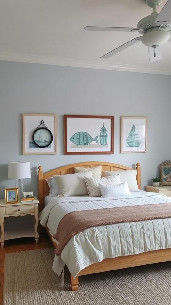 A cozy coastal-themed bedroom featuring artwork of a fish, lighthouse, and sailboat on the wall above the bed.