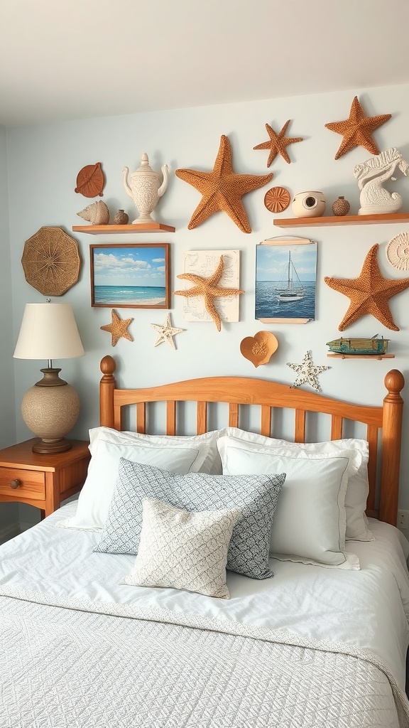 A coastal-themed bedroom featuring a wooden bed, decorative pillows, and a wall display of starfish and beach-themed art.