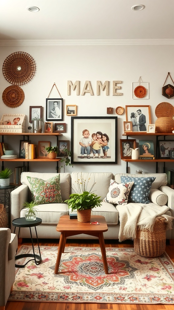 A cozy boho living room with personalized decor, featuring framed photos, decorative items, and a comfortable sofa.
