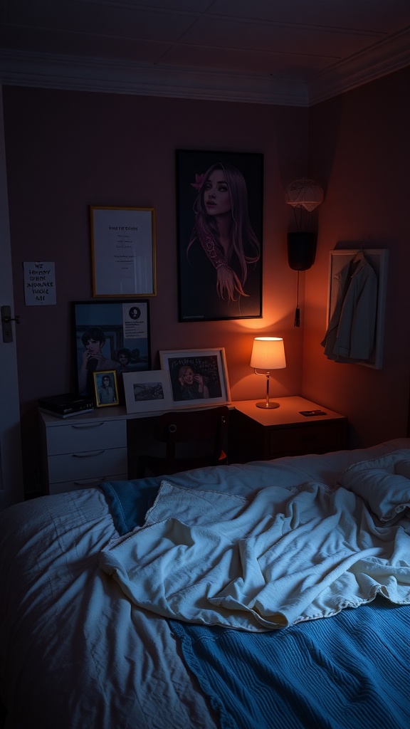 A dark feminine bedroom featuring a cozy bed, warm lighting, and personalized decor elements.