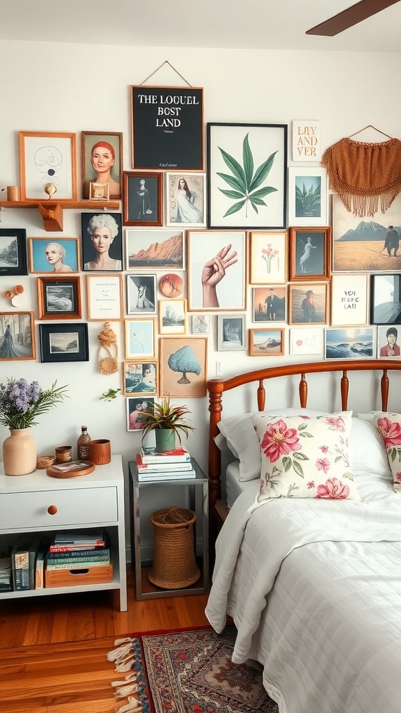 A boho bedroom featuring a personalized gallery wall with various framed artworks and photographs.