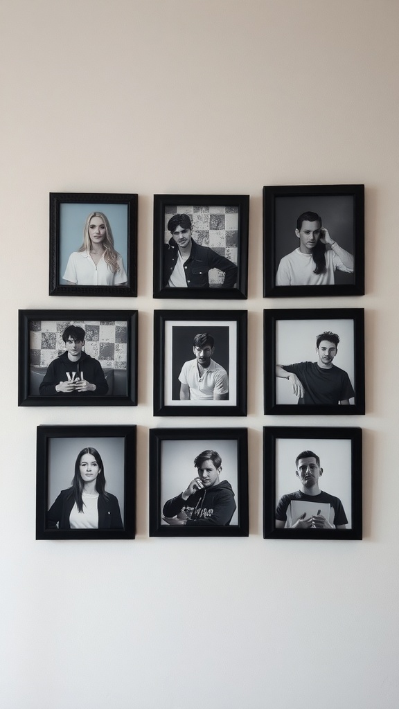A gallery wall featuring black and white portraits in black frames