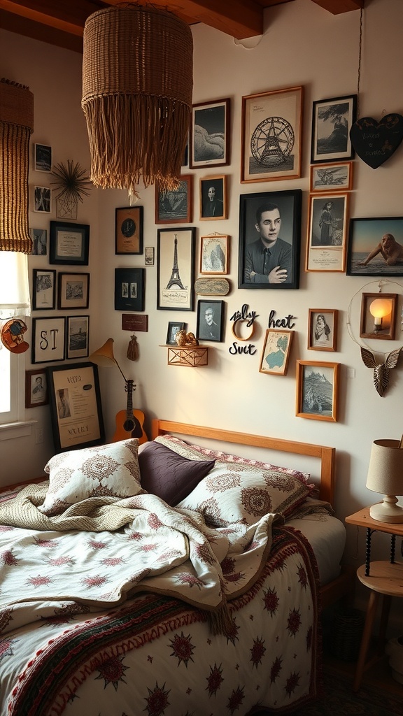 A cozy boho bedroom with a wall of framed photos and art, a bed with patterned bedding, and warm lighting.
