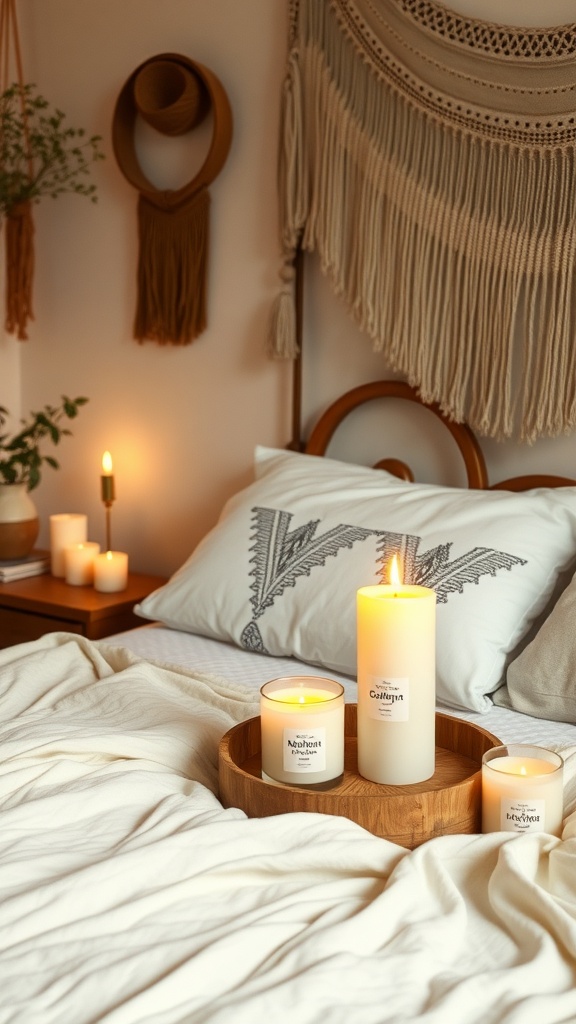 A cozy boho bedroom featuring personalized scented candles on a wooden tray, with soft bedding and decorative pillows.