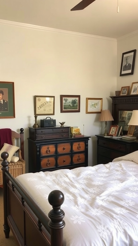 A cozy bedroom featuring a wooden bed, vintage dresser, and framed family photos on the wall.