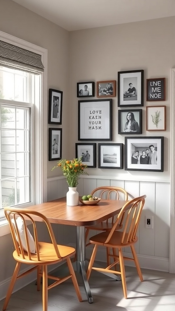 A cozy breakfast nook with a wooden table and chairs, featuring a wall of personalized framed photos and art.