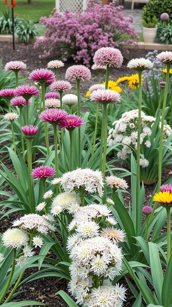 A colorful garden featuring various allium flowers in shades of pink, white, and purple, surrounded by green foliage.