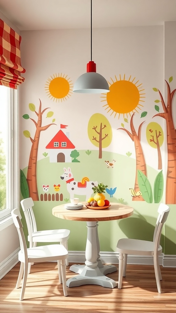 A bright breakfast nook with playful wall murals featuring a sunny landscape, a house, and friendly animals.