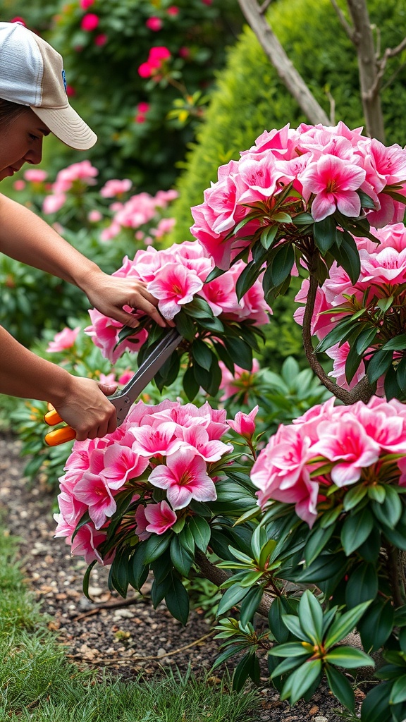 A person pruning pink azalea flowers in a garden