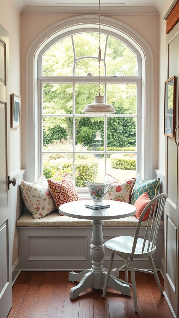 A cozy window seat with colorful cushions and a round table, surrounded by natural light and greenery.