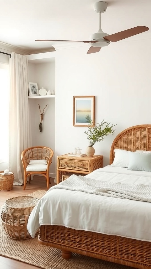 Coastal bedroom featuring rattan furniture, including a bed, chair, and side table, with a light and airy atmosphere.