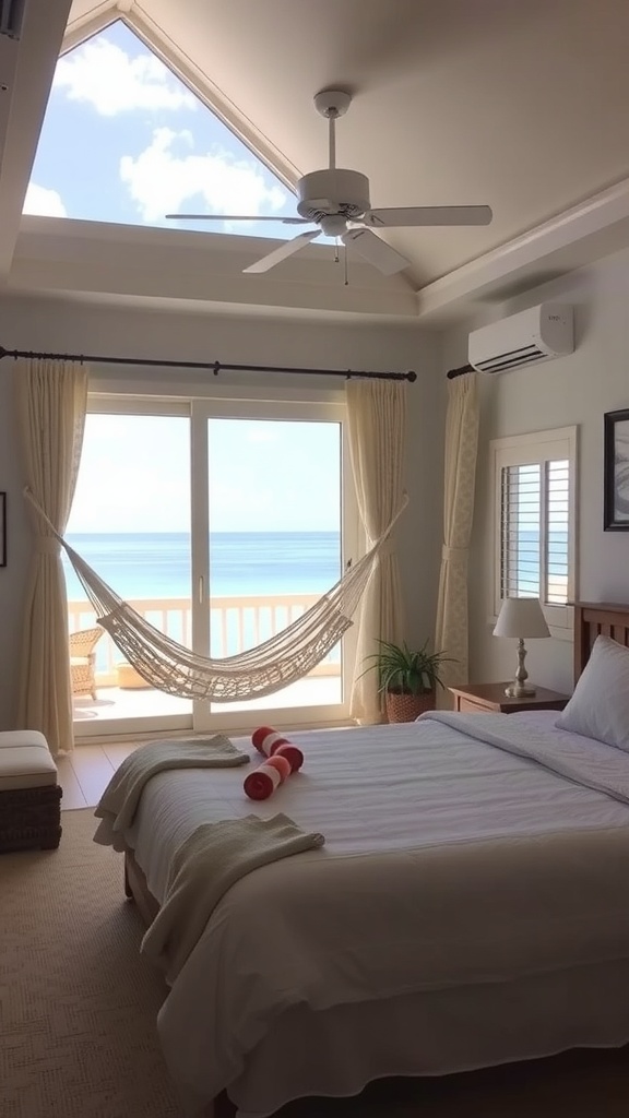 Coastal bedroom with a hammock, ocean view, and soft decor
