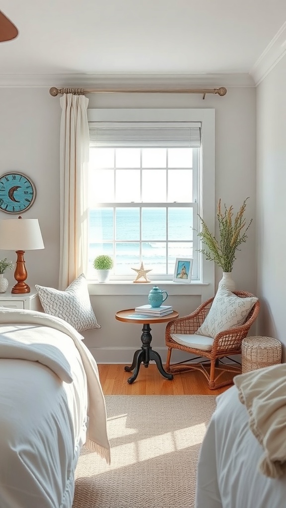 A cozy reading nook in a coastal bedroom with a wicker chair, side table, and ocean view.