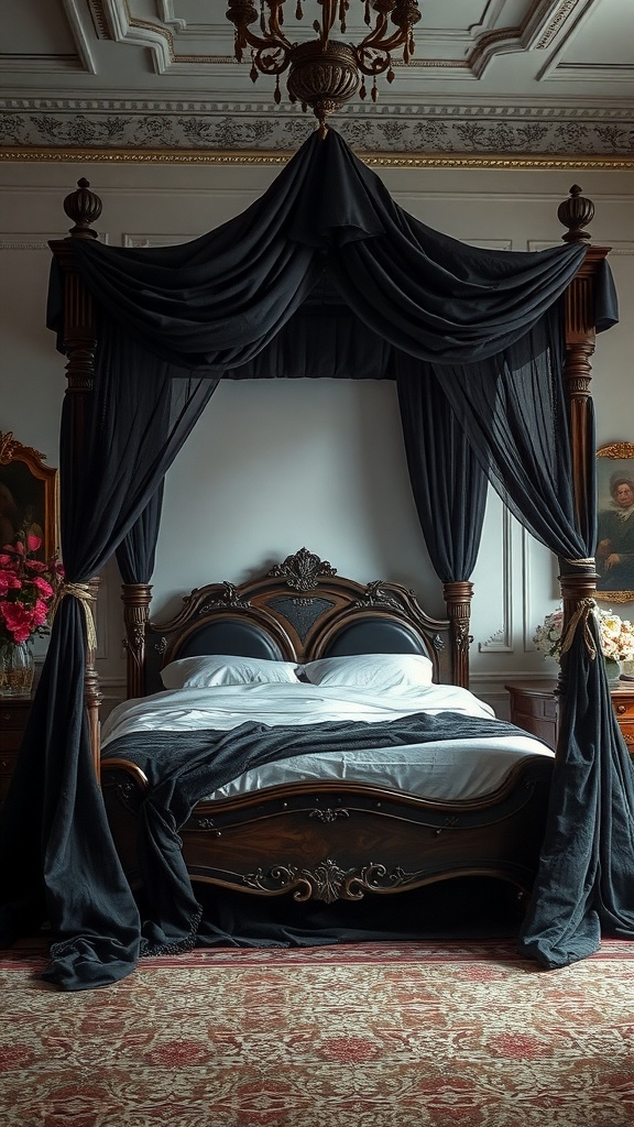A romantic canopy bed with dark drapery and a vintage wooden frame, set in an elegant bedroom.