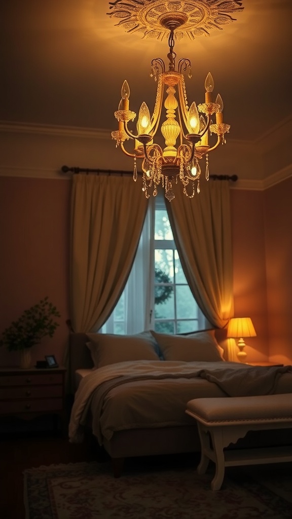 A cozy bedroom featuring a chandelier, soft bedding, and warm lighting.