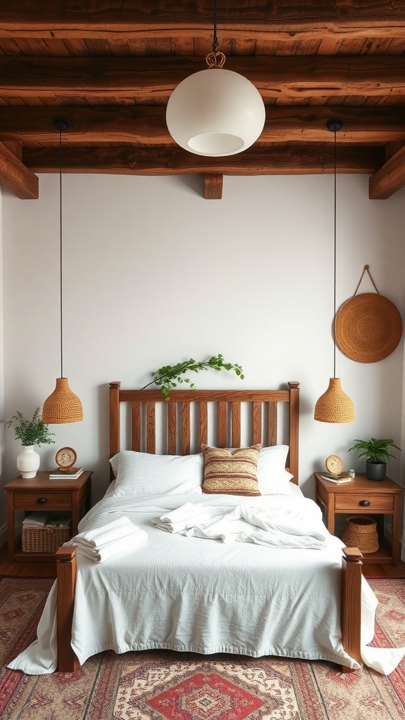 A cozy boho bedroom featuring rustic wooden ceiling beams, a wooden bed, and soft textiles.