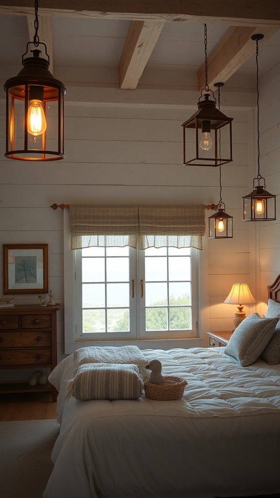 A cozy coastal bedroom featuring rustic lighting fixtures and warm decor.