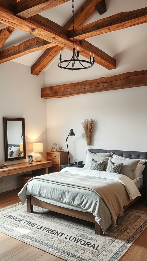 A cozy bedroom featuring rustic wooden beams, a comfortable bed with soft linens, and a warm color palette.