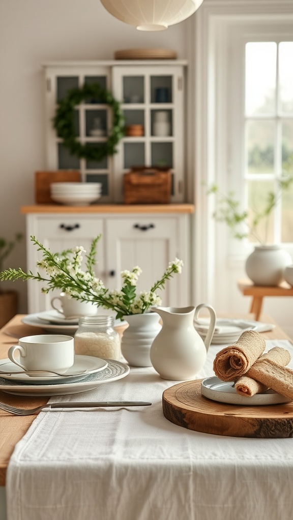 A rustic farmhouse table setting with a white tablecloth, wooden serving boards, elegant dishware, and fresh flowers in a pitcher.