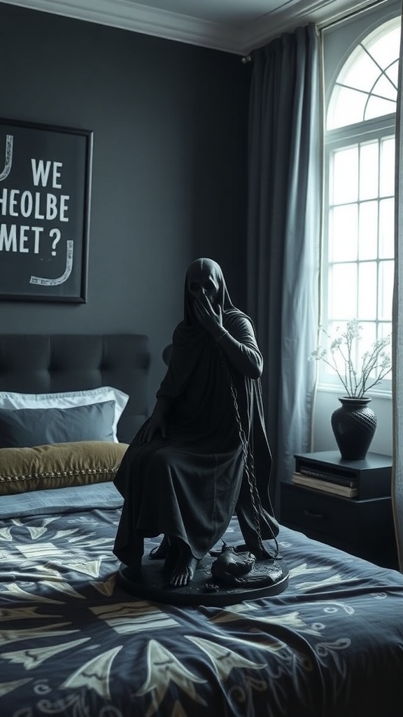 A dark feminine bedroom featuring a striking sculpture on the bed, with dark walls and soft bedding.