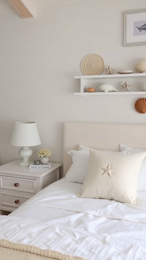Coastal bedroom with seashell decor accents on a shelf and a starfish pillow
