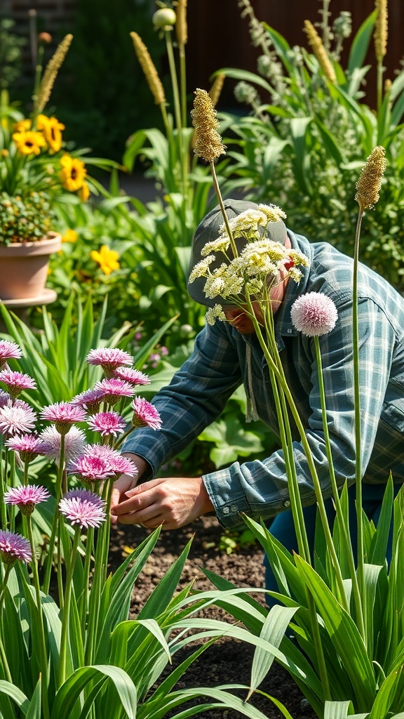 A gardener tending to colorful alliums in a vibrant garden