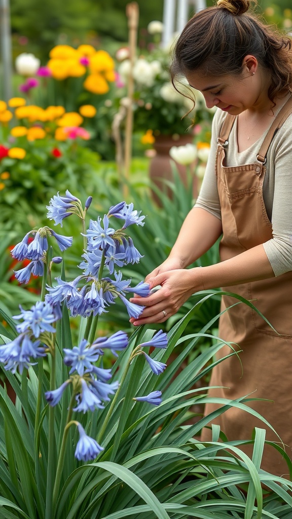 A gardener tending to Agapanthus flowers in a vibrant garden