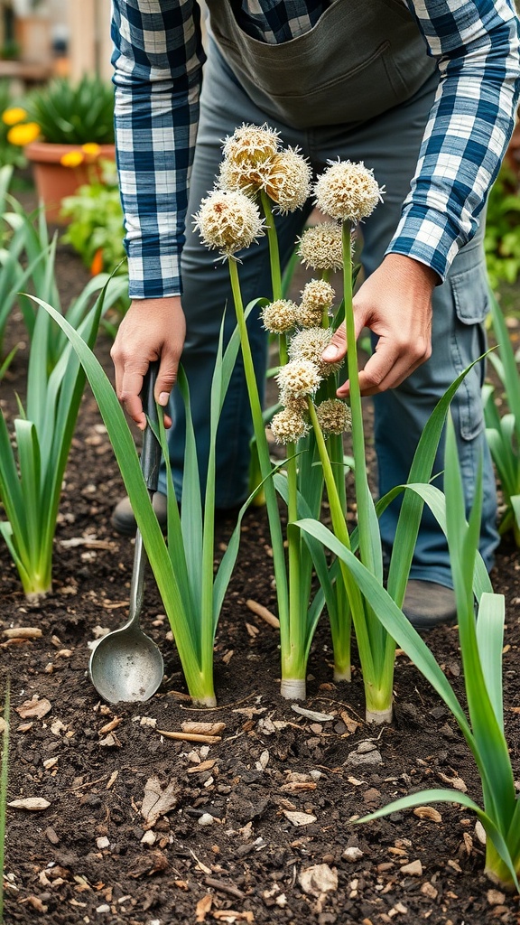 A person tending to allium plants in a garden, showcasing seasonal care.