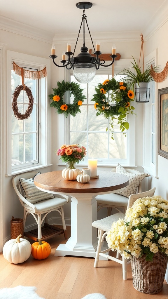 A cozy farmhouse breakfast nook with a round table, comfortable chairs, seasonal wreaths, and decorative pumpkins.
