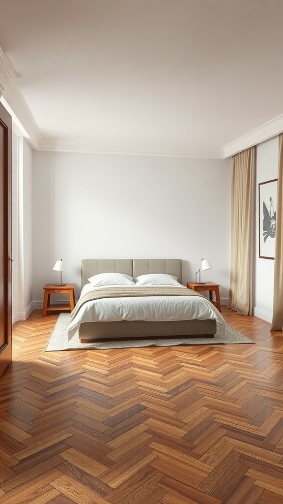 A stylish bedroom featuring sleek parquet flooring, a cozy bed, and minimal decor.