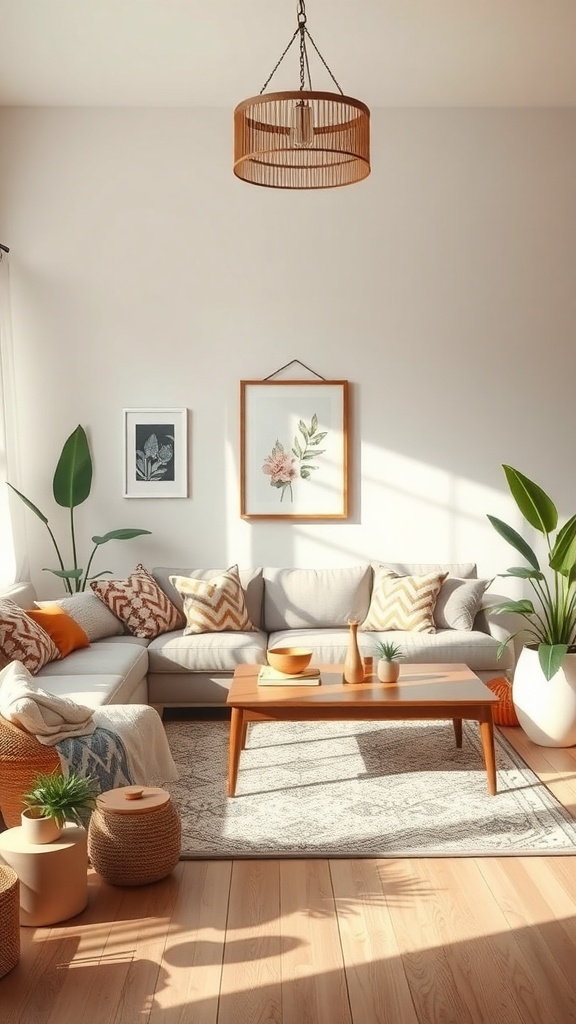 A boho living room with soft lighting, featuring a cozy couch, plants, and warm decor.