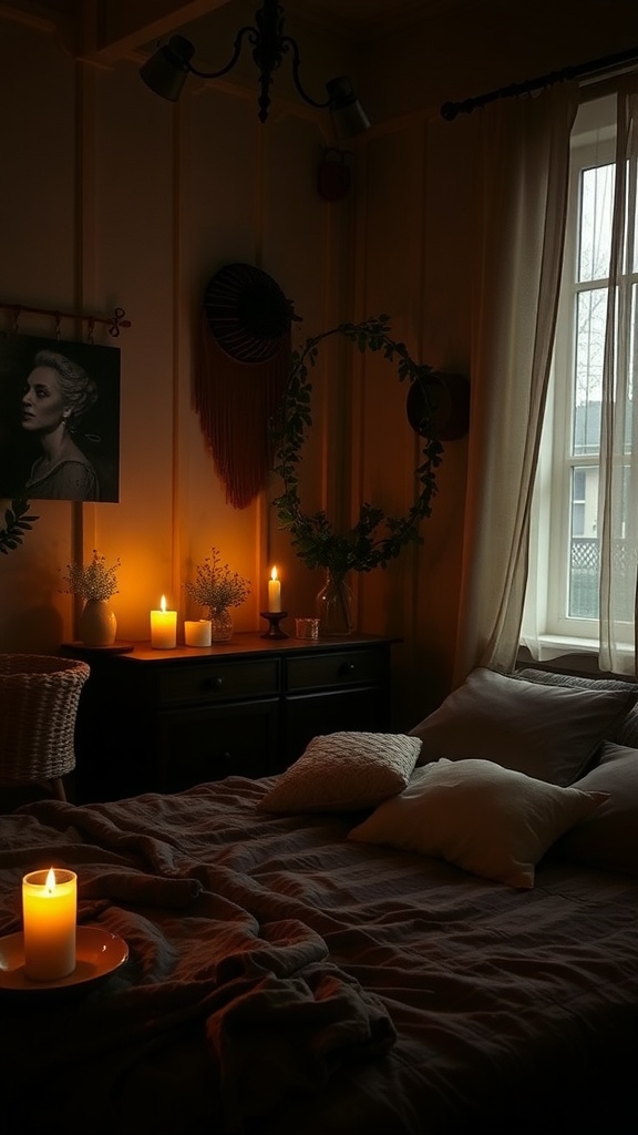 A cozy boho bedroom with soft candlelight illuminating the space.
