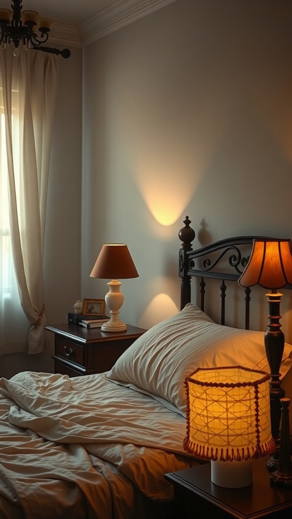 A cozy bedroom with soft lighting from vintage lamps, featuring a bed with light-colored bedding and a warm atmosphere.